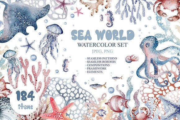 Download SEA WORLD. Watercolor Set. 300 Dpi - 300 dpi Collection